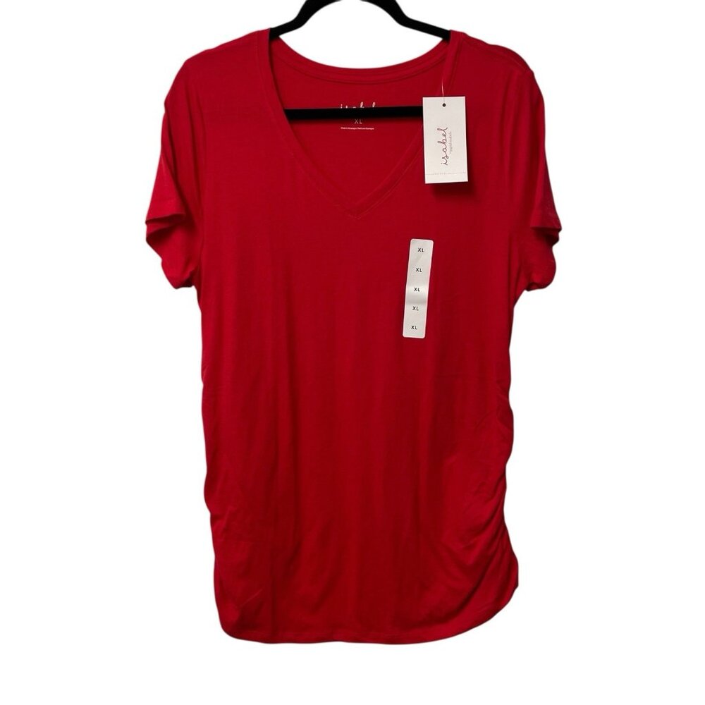 ISABEL MATERNITY SHIRT LIGHTWEIGHT SIDE RUCHED V-NECK RED SHORT SLEEVE BASIC NWT